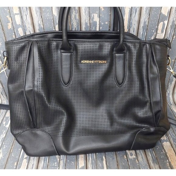 Adrienne Vittadini Black Weekender Tote Bag Double Handle Vegan Leather Zip Top - Picture 2 of 12